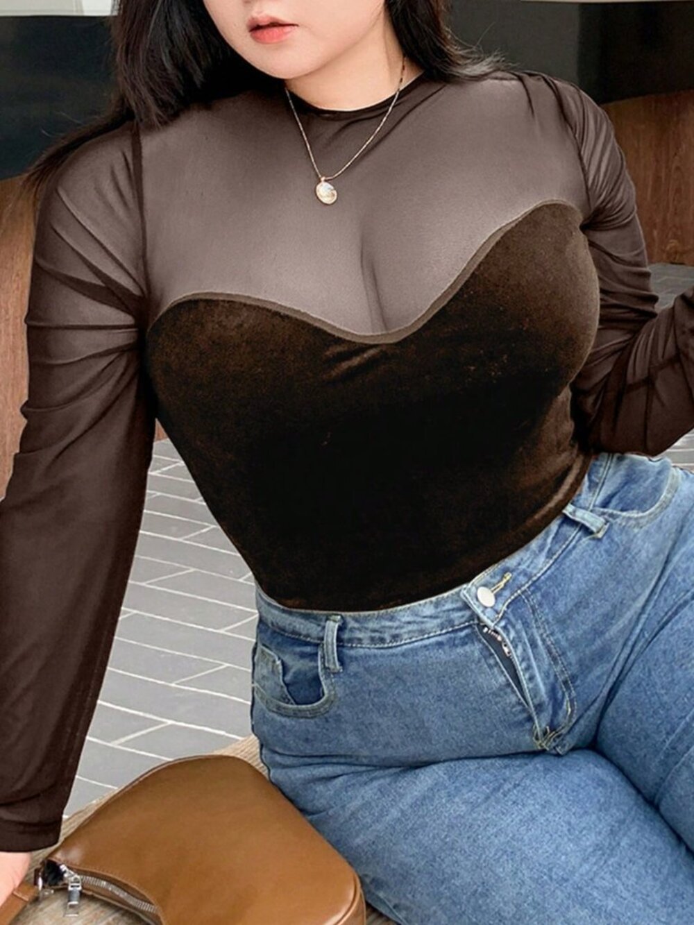 Brown Casual Women's Contrast Mesh Sheer Mock Neck Crop Tee - Picture 5 of 6